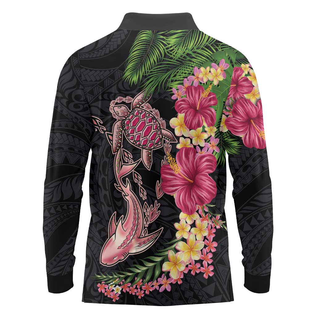 Hawaiian Tropical Plants Turtle and Shark Long Sleeve Polo Shirt Polynesian Art Tattoo