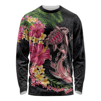 Hawaiian Tropical Plants Turtle and Shark Long Sleeve Shirt Polynesian Art Tattoo LT03 Unisex Black - Polynesian Pride