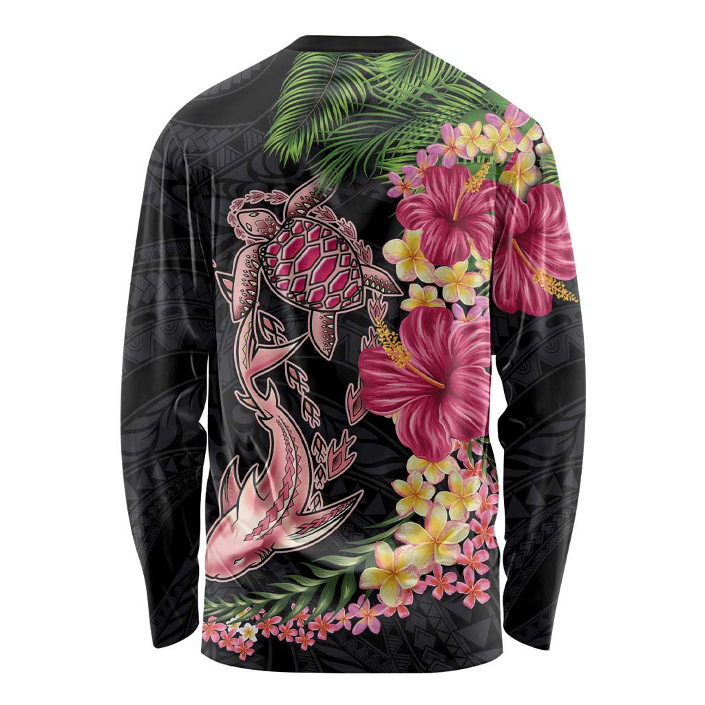 Hawaiian Tropical Plants Turtle and Shark Long Sleeve Shirt Polynesian Art Tattoo LT03 - Polynesian Pride