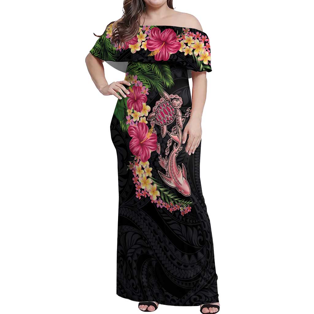 Hawaiian Tropical Plants Turtle and Shark Off Shoulder Maxi Dress Polynesian Art Tattoo