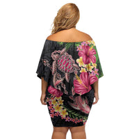 Hawaiian Tropical Plants Turtle and Shark Off Shoulder Short Dress Polynesian Art Tattoo