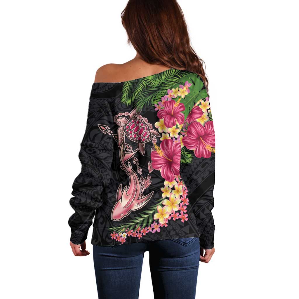 Hawaiian Tropical Plants Turtle and Shark Off Shoulder Sweater Polynesian Art Tattoo