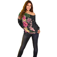 Hawaiian Tropical Plants Turtle and Shark Off Shoulder Sweater Polynesian Art Tattoo