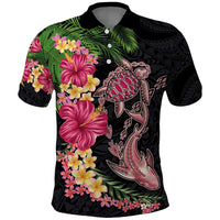 Hawaiian Tropical Plants Turtle and Shark Polo Shirt Polynesian Art Tattoo
