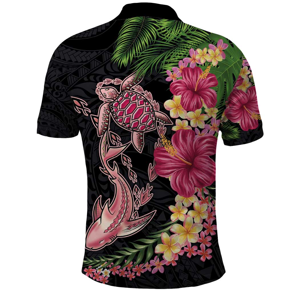 Hawaiian Tropical Plants Turtle and Shark Polo Shirt Polynesian Art Tattoo