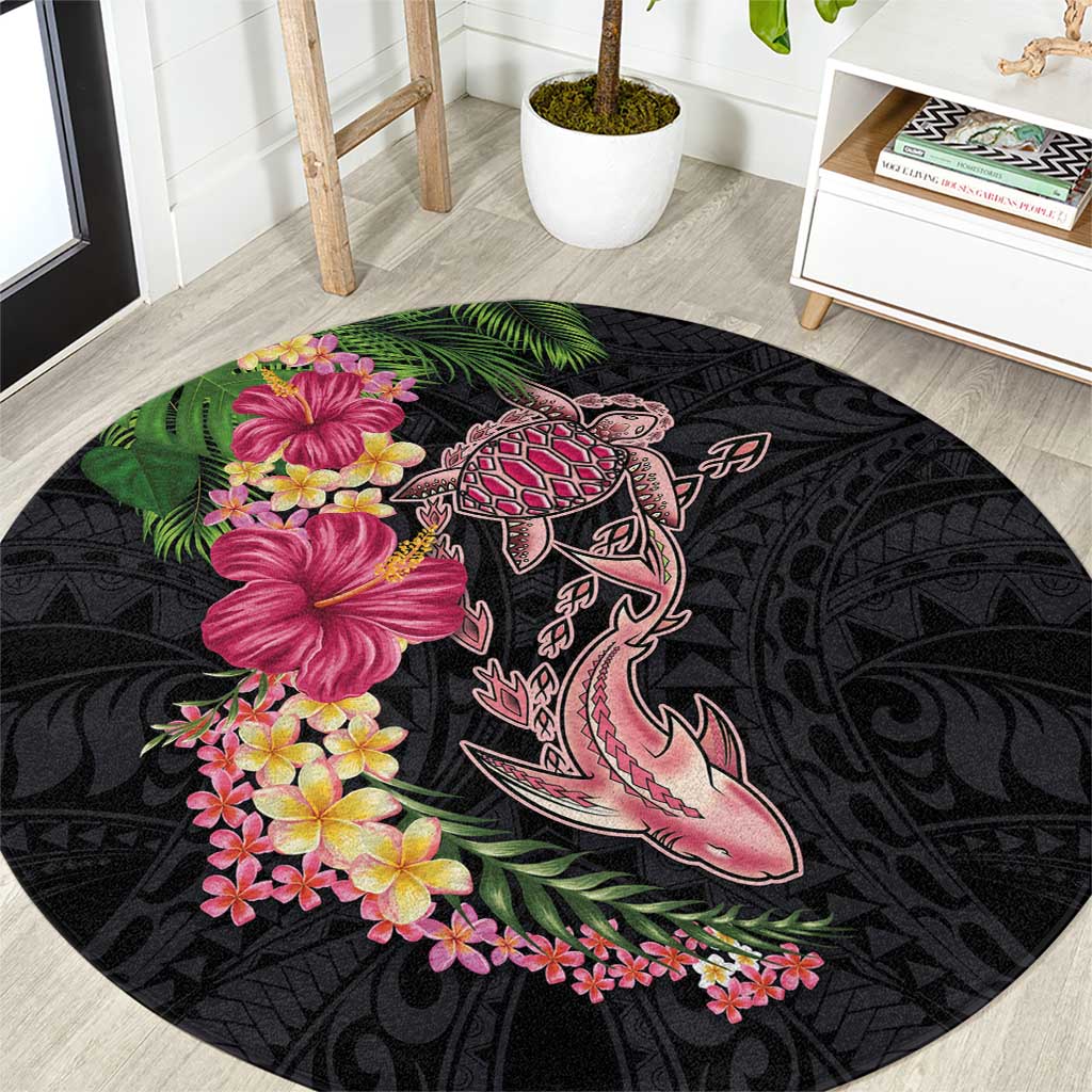 Hawaiian Tropical Plants Turtle and Shark Round Carpet Polynesian Art Tattoo