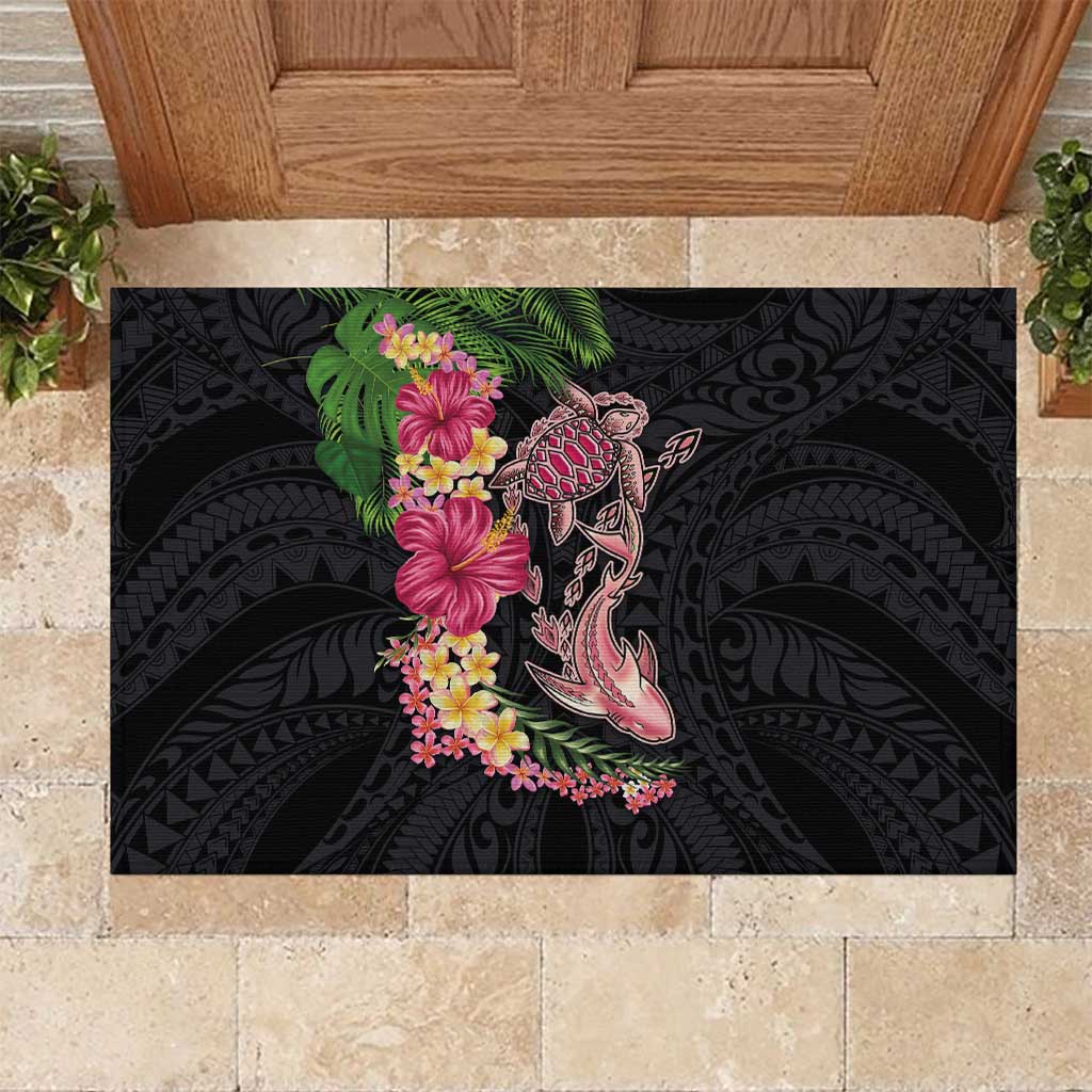 Hawaiian Tropical Plants Turtle and Shark Rubber Doormat Polynesian Art Tattoo LT03 Black - Polynesian Pride