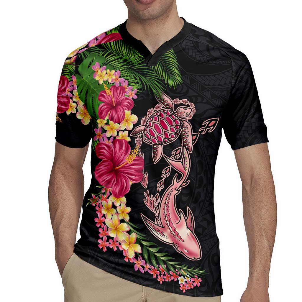 Hawaiian Tropical Plants Turtle and Shark Rugby Jersey Polynesian Art Tattoo LT03 - Polynesian Pride