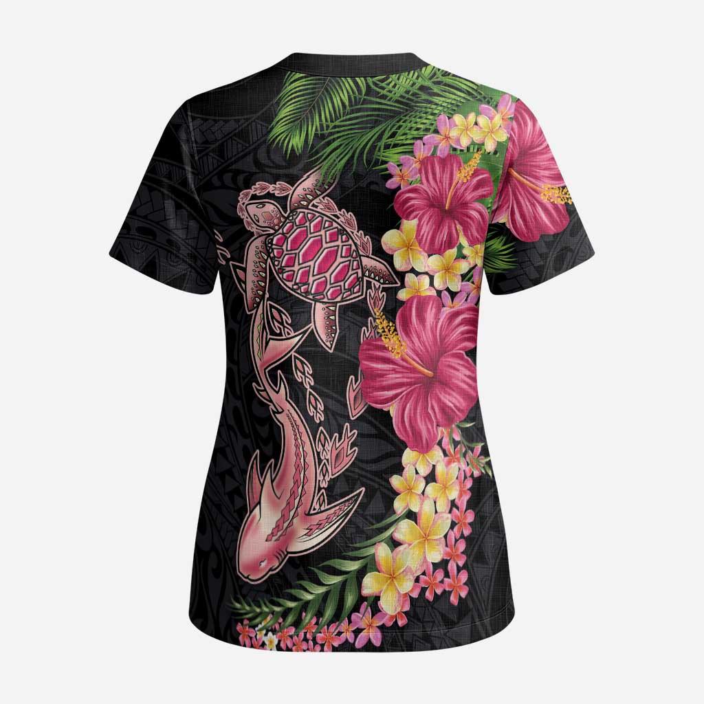 Hawaiian Tropical Plants Turtle and Shark Scrub Top Polynesian Art Tattoo - Polynesian Pride
