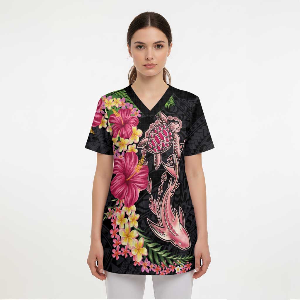Hawaiian Tropical Plants Turtle and Shark Scrub Top Polynesian Art Tattoo - Polynesian Pride