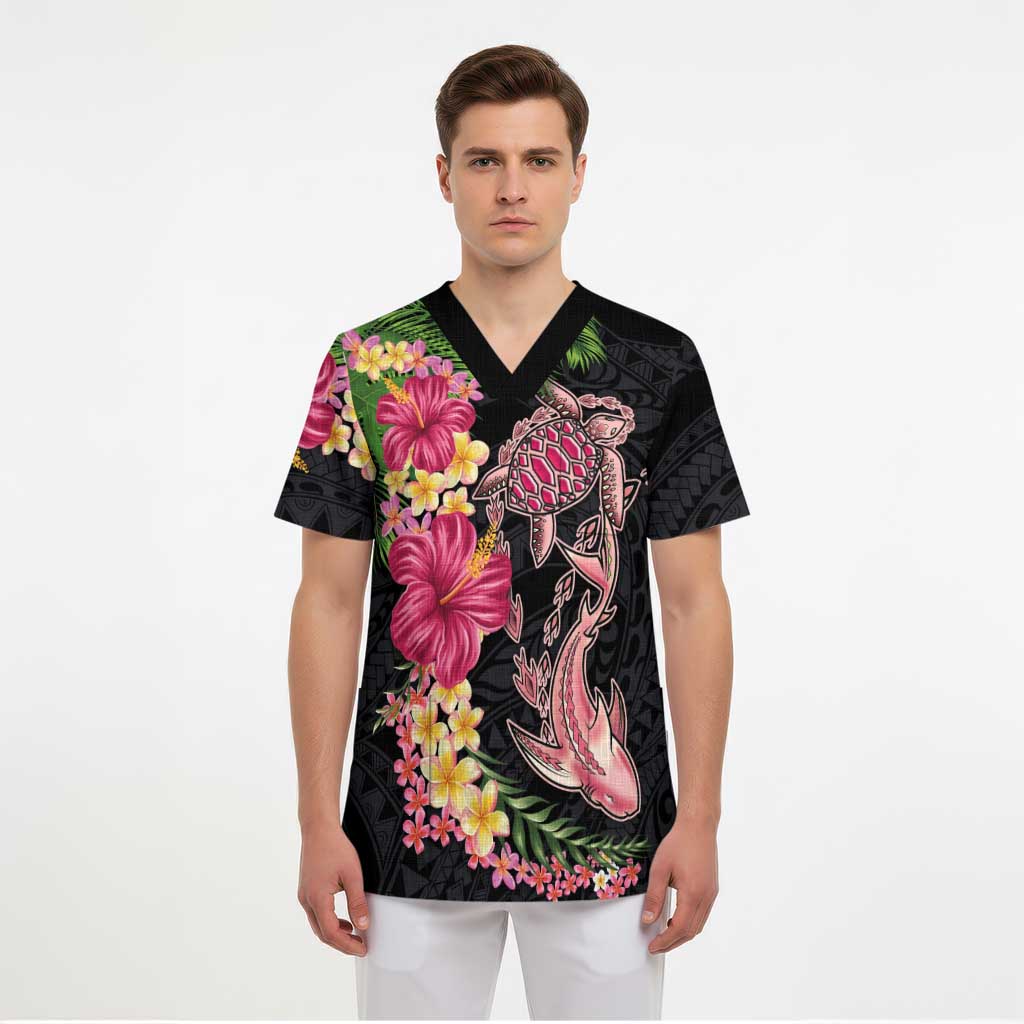 Hawaiian Tropical Plants Turtle and Shark Scrub Top Polynesian Art Tattoo - Polynesian Pride