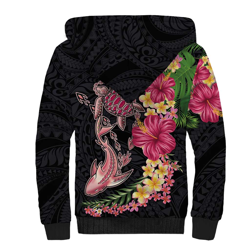 Hawaiian Tropical Plants Turtle and Shark Sherpa Hoodie Polynesian Art Tattoo LT03 - Polynesian Pride