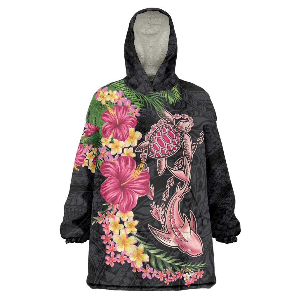 Hawaiian Tropical Plants Turtle and Shark Wearable Blanket Hoodie Polynesian Art Tattoo LT03 One Size Black - Polynesian Pride