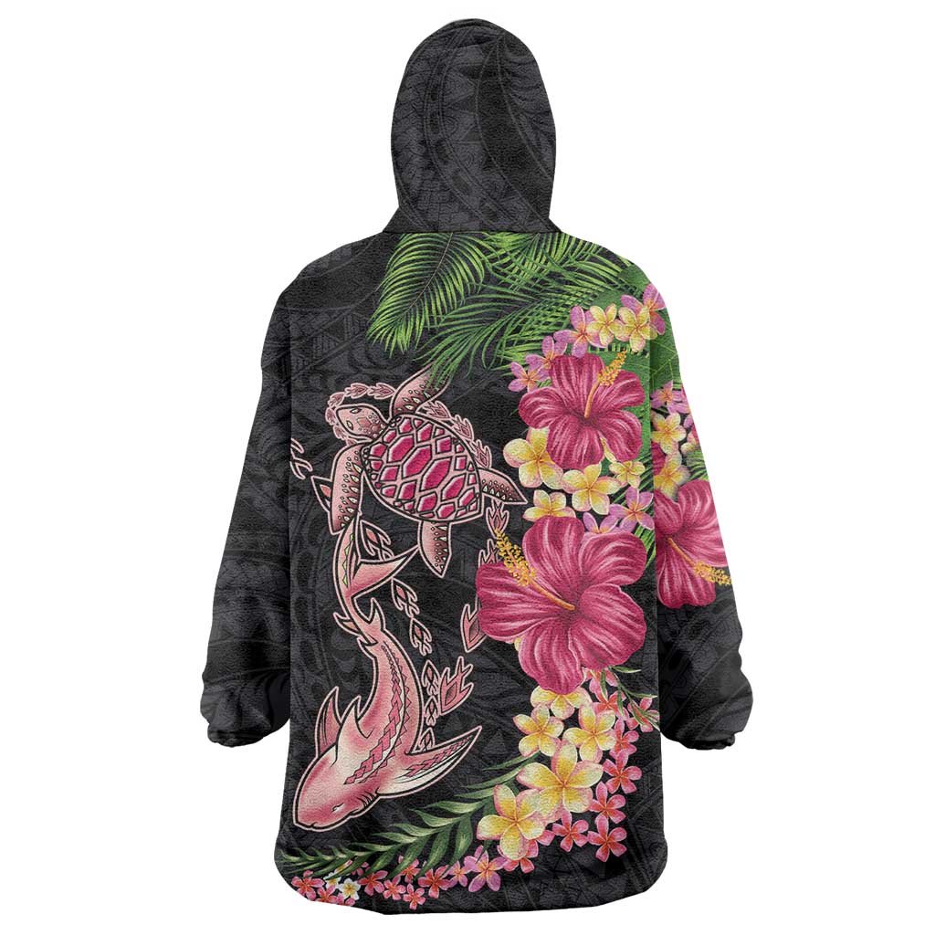 Hawaiian Tropical Plants Turtle and Shark Wearable Blanket Hoodie Polynesian Art Tattoo LT03 - Polynesian Pride