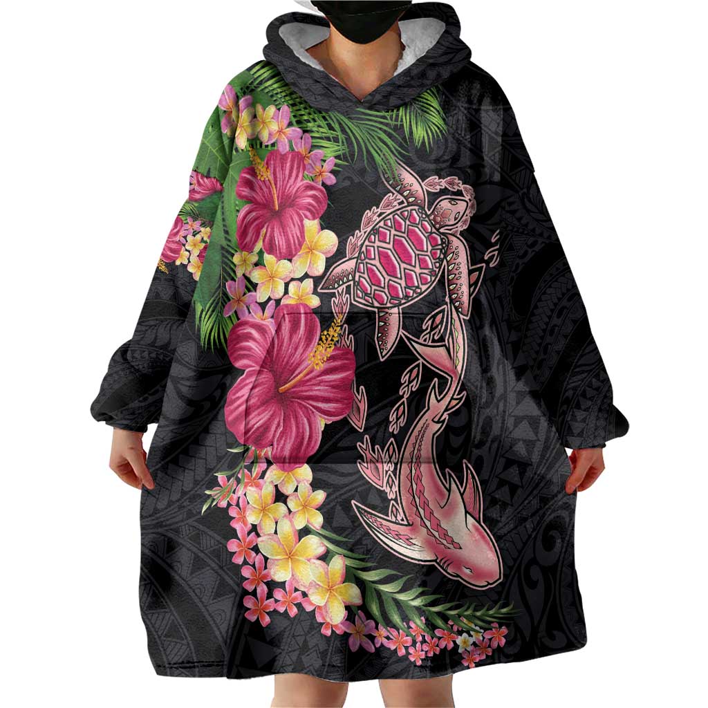 Hawaiian Tropical Plants Turtle and Shark Wearable Blanket Hoodie Polynesian Art Tattoo LT03 - Polynesian Pride