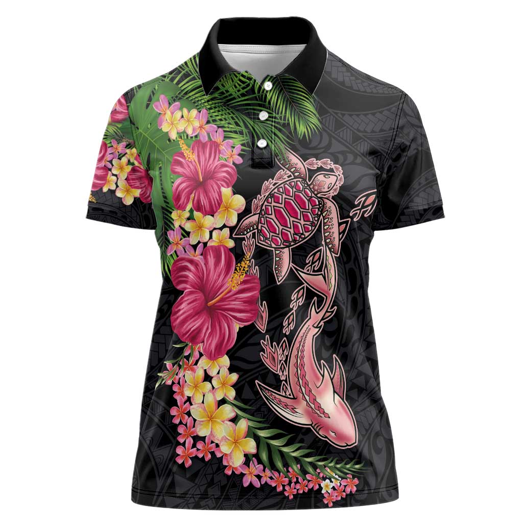 Hawaiian Tropical Plants Turtle and Shark Women Polo Shirt Polynesian Art Tattoo