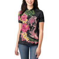 Hawaiian Tropical Plants Turtle and Shark Women Polo Shirt Polynesian Art Tattoo