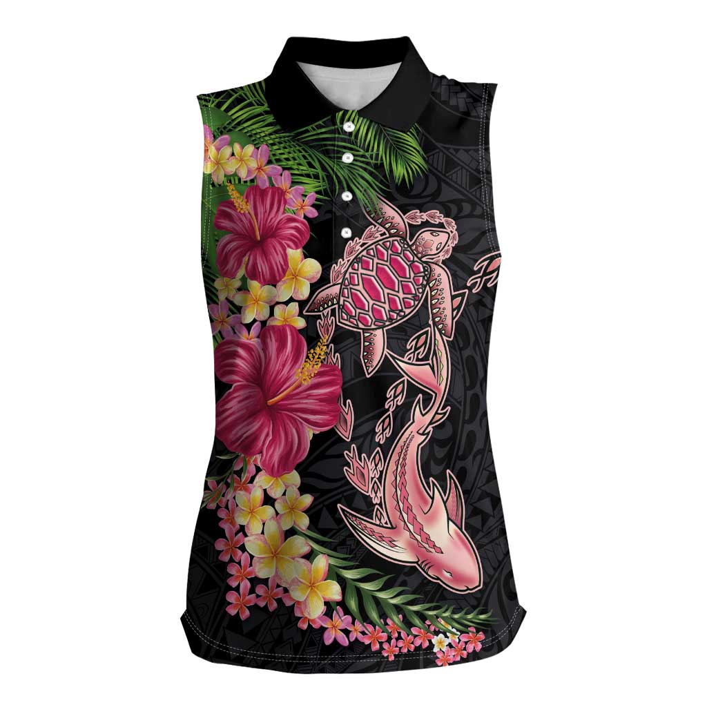 Hawaiian Tropical Plants Turtle and Shark Women Sleeveless Polo Shirt Polynesian Art Tattoo