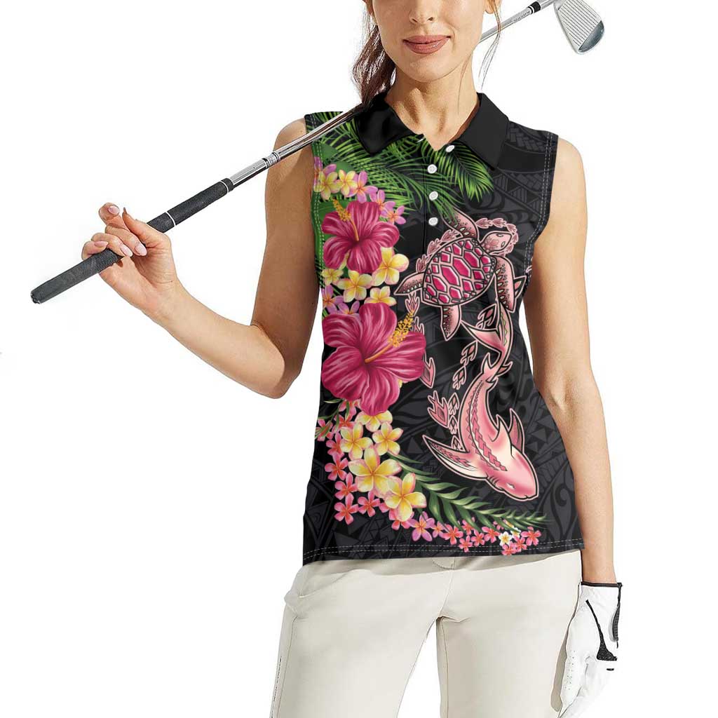 Hawaiian Tropical Plants Turtle and Shark Women Sleeveless Polo Shirt Polynesian Art Tattoo
