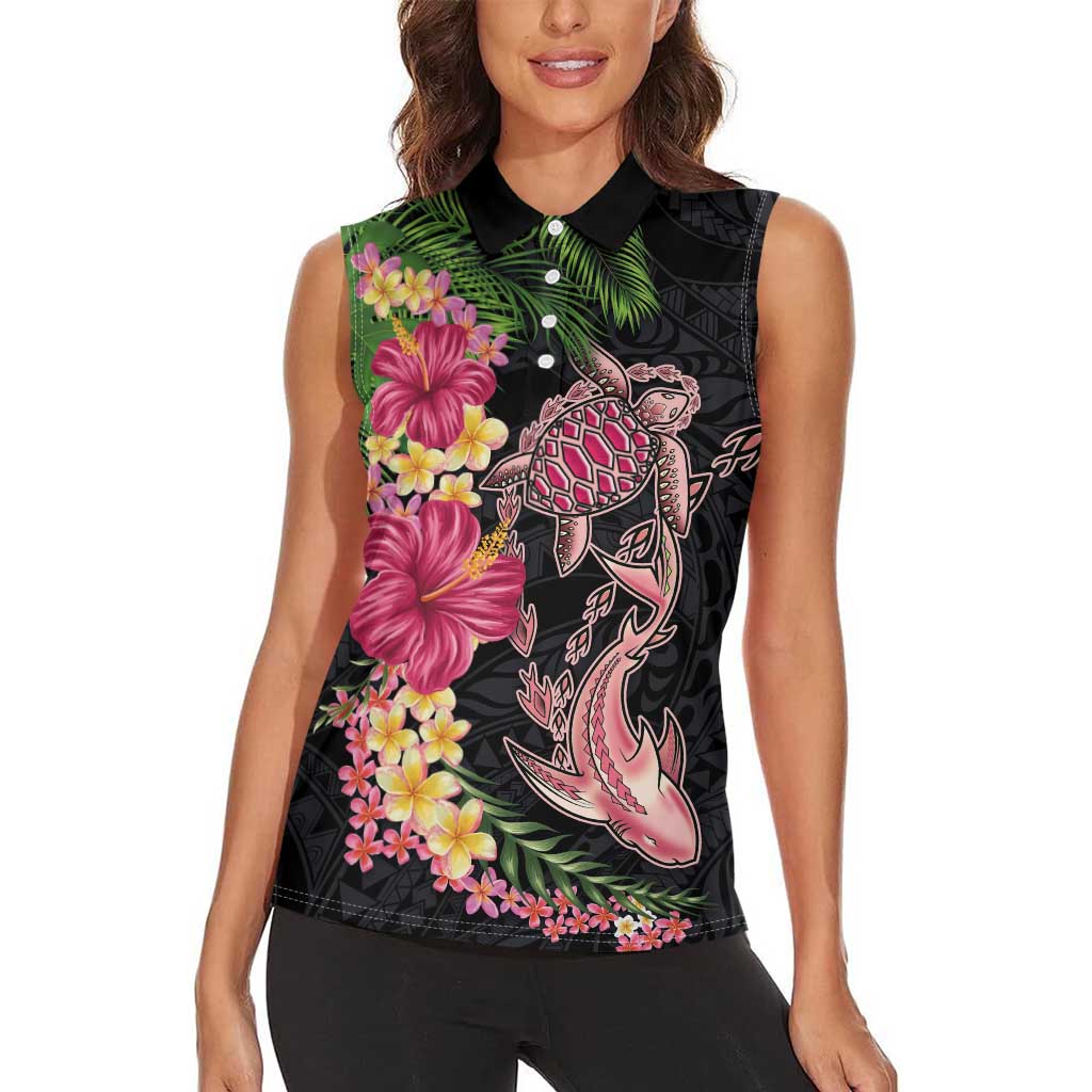 Hawaiian Tropical Plants Turtle and Shark Women Sleeveless Polo Shirt Polynesian Art Tattoo