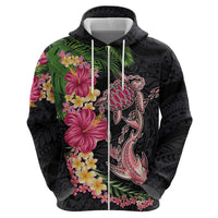 Hawaiian Tropical Plants Turtle and Shark Zip Hoodie Polynesian Art Tattoo