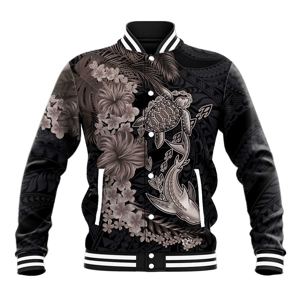 Hawaiian Tropical Plants Turtle and Shark Baseball Jacket Polynesian Art Tattoo Grayscale Color LT03 Unisex Black - Polynesian Pride