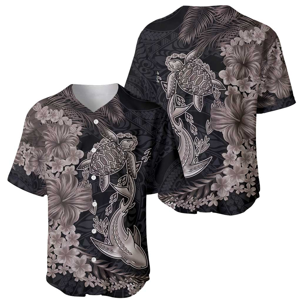 Hawaiian Tropical Plants Turtle and Shark Baseball Jersey Polynesian Art Tattoo Grayscale Color