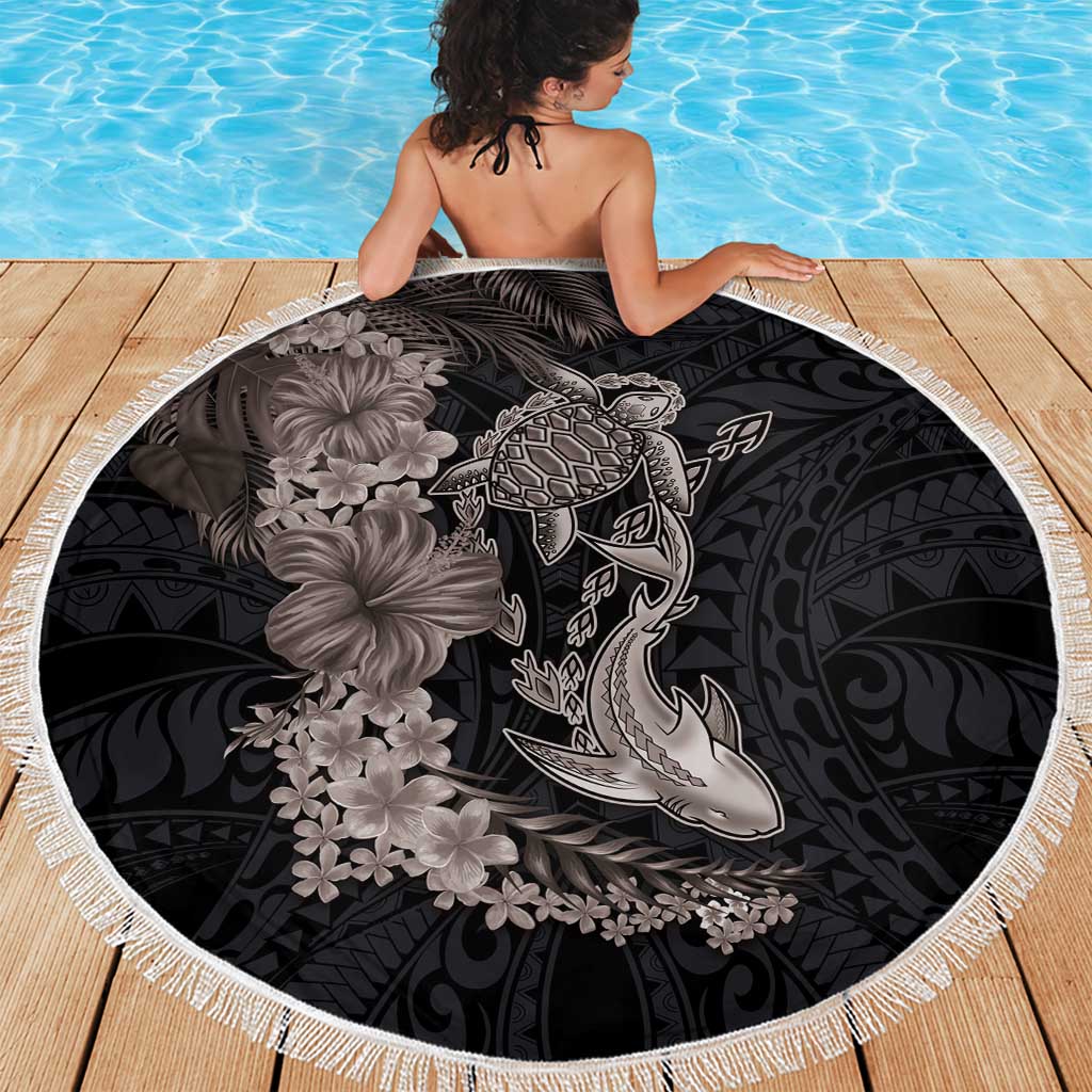 Hawaiian Tropical Plants Turtle and Shark Beach Blanket Polynesian Art Tattoo Grayscale Color LT03 - Polynesian Pride