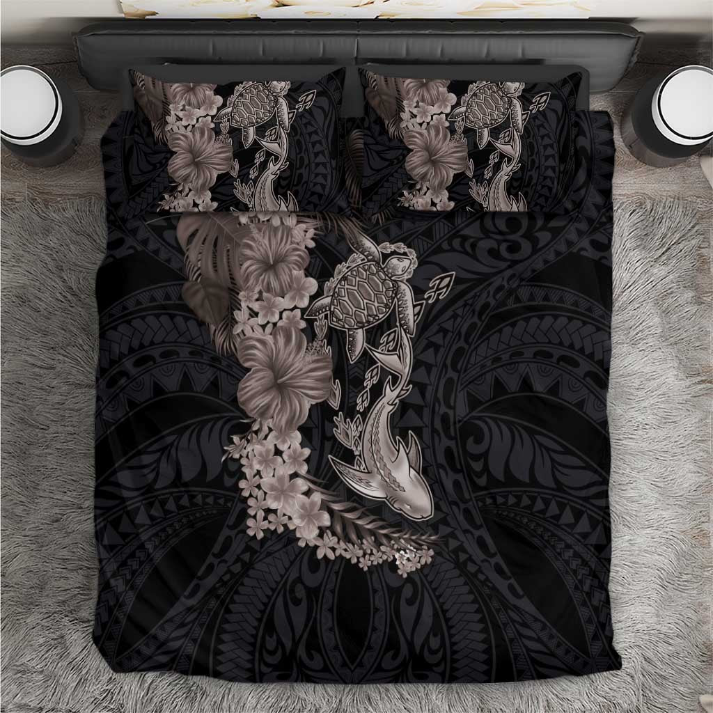 Hawaiian Tropical Plants Turtle and Shark Bedding Set Polynesian Art Tattoo Grayscale Color