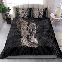 Hawaiian Tropical Plants Turtle and Shark Bedding Set Polynesian Art Tattoo Grayscale Color