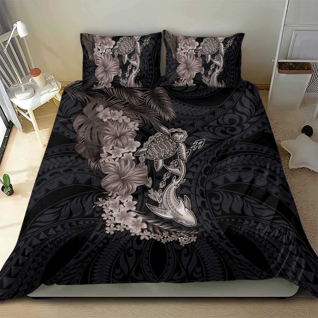 Hawaiian Tropical Plants Turtle and Shark Bedding Set Polynesian Art Tattoo Grayscale Color