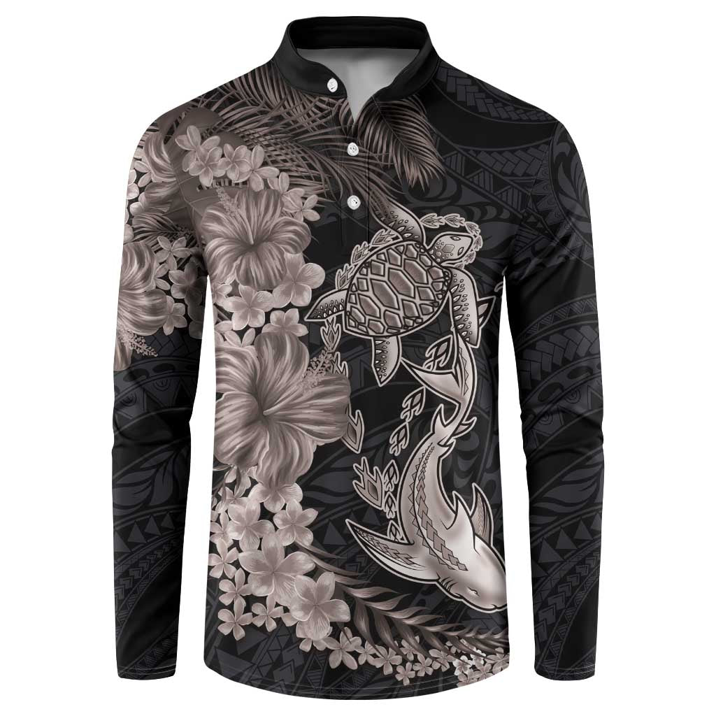 Hawaiian Tropical Plants Turtle and Shark Button Sweatshirt Polynesian Art Tattoo Grayscale Color LT03 Black - Polynesian Pride