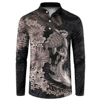 Hawaiian Tropical Plants Turtle and Shark Button Sweatshirt Polynesian Art Tattoo Grayscale Color LT03 Black - Polynesian Pride
