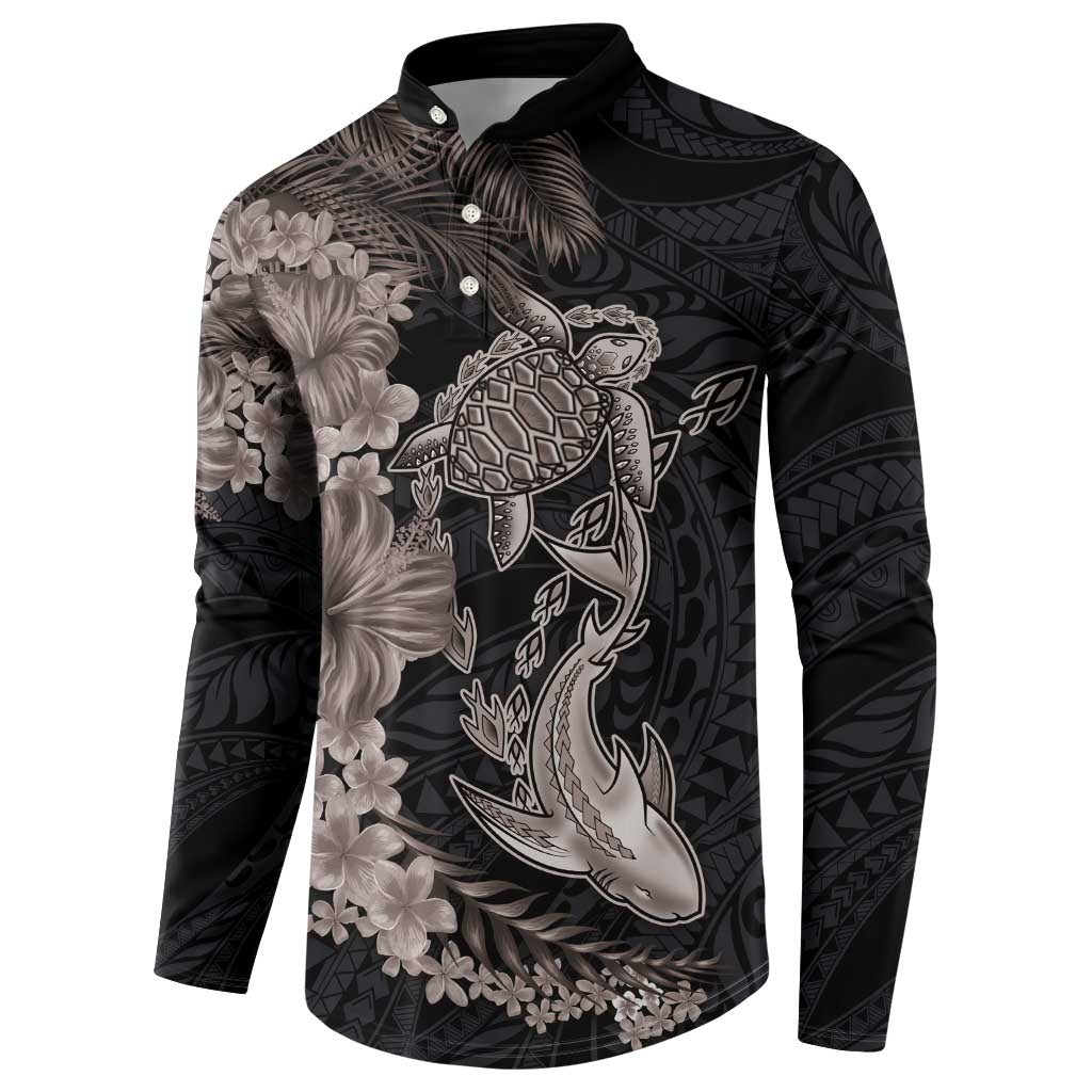 Hawaiian Tropical Plants Turtle and Shark Button Sweatshirt Polynesian Art Tattoo Grayscale Color LT03 - Polynesian Pride