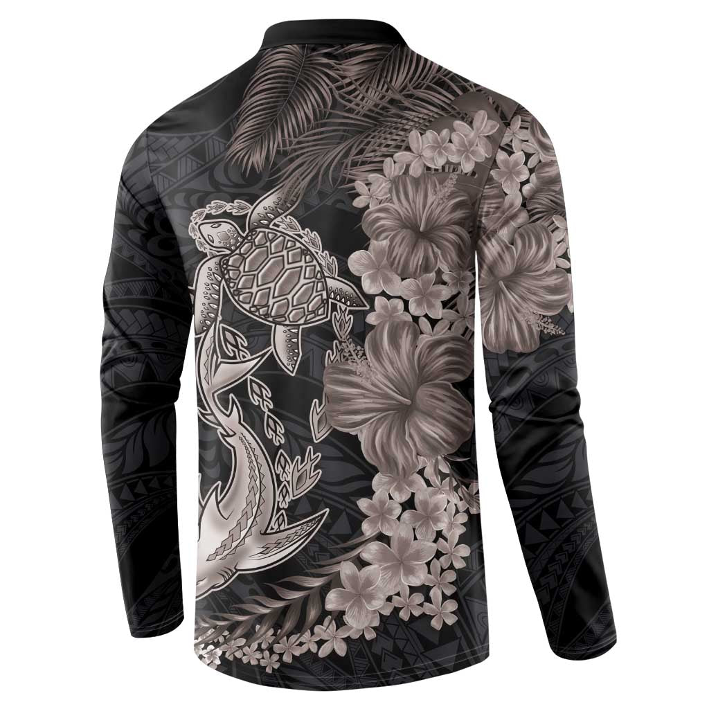 Hawaiian Tropical Plants Turtle and Shark Button Sweatshirt Polynesian Art Tattoo Grayscale Color LT03 - Polynesian Pride