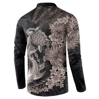 Hawaiian Tropical Plants Turtle and Shark Button Sweatshirt Polynesian Art Tattoo Grayscale Color LT03 - Polynesian Pride