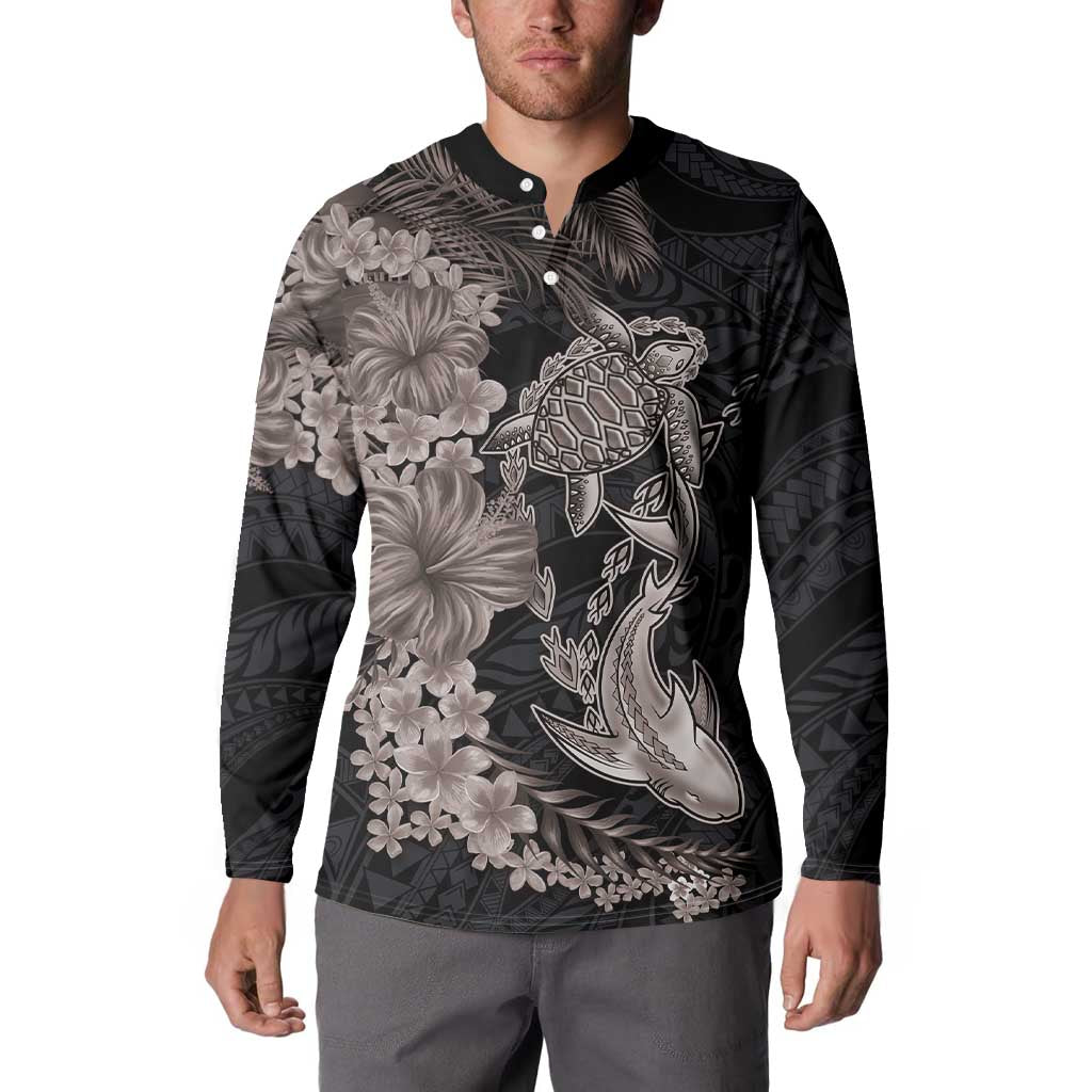 Hawaiian Tropical Plants Turtle and Shark Button Sweatshirt Polynesian Art Tattoo Grayscale Color LT03 - Polynesian Pride