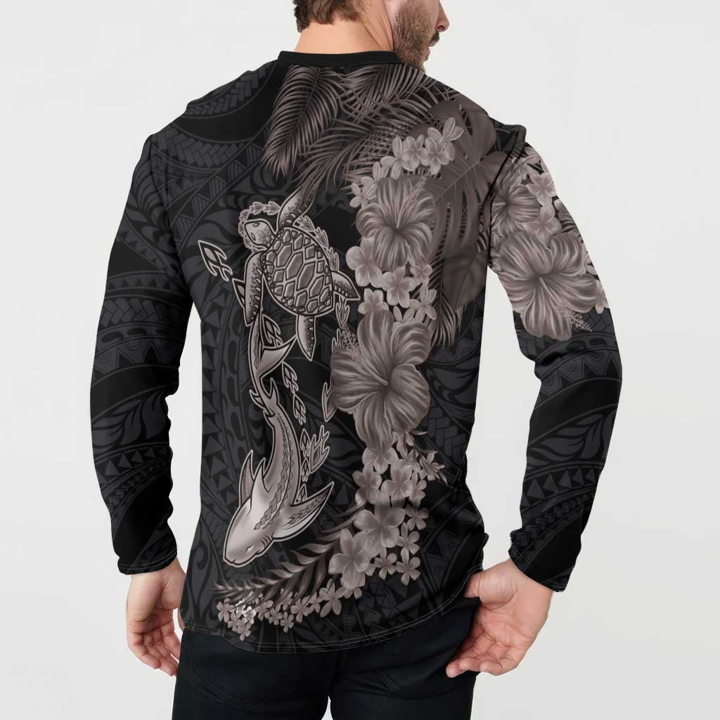 Hawaiian Tropical Plants Turtle and Shark Button Sweatshirt Polynesian Art Tattoo Grayscale Color LT03 - Polynesian Pride