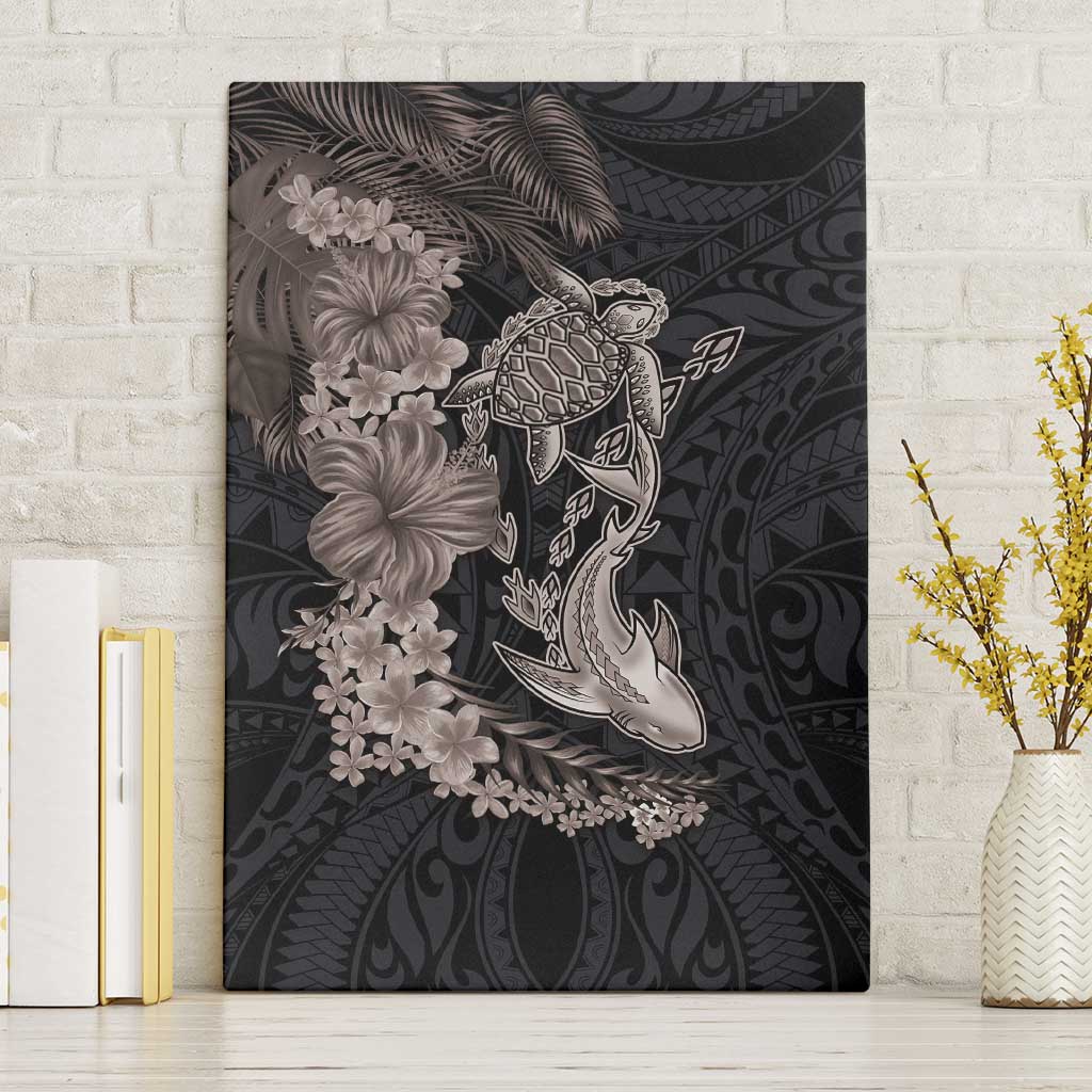 Hawaiian Tropical Plants Turtle and Shark Canvas Wall Art Polynesian Art Tattoo Grayscale Color LT03 Without Frame Black - Polynesian Pride