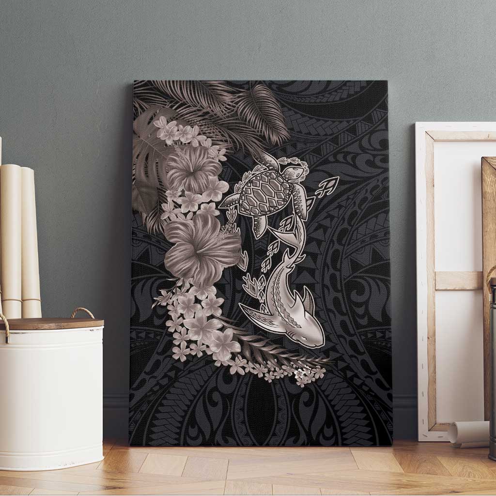 Hawaiian Tropical Plants Turtle and Shark Canvas Wall Art Polynesian Art Tattoo Grayscale Color LT03 - Polynesian Pride