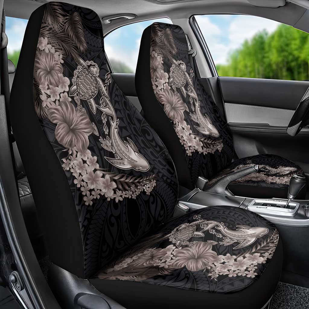 Hawaiian Tropical Plants Turtle and Shark Car Seat Cover Polynesian Art Tattoo Grayscale Color