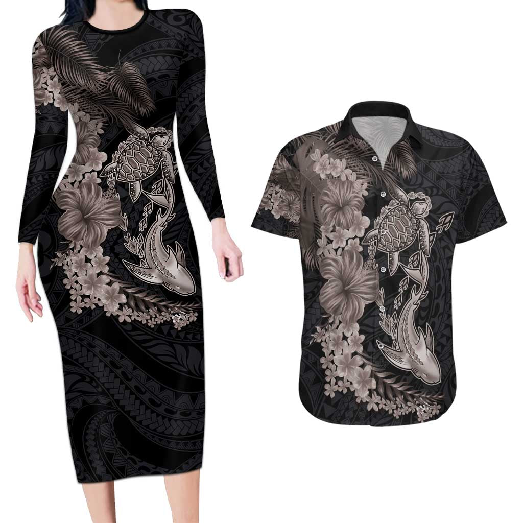 Hawaiian Tropical Plants Turtle and Shark Couples Matching Long Sleeve Bodycon Dress and Hawaiian Shirt Polynesian Art Tattoo Grayscale Color LT03 Black - Polynesian Pride