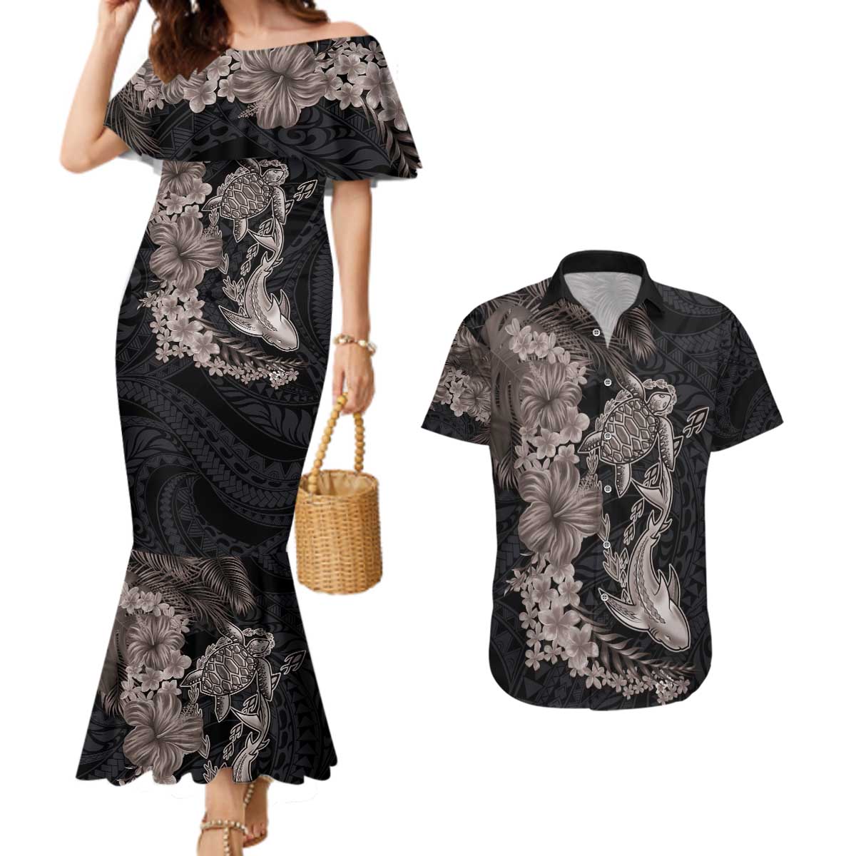 Hawaiian Tropical Plants Turtle and Shark Couples Matching Mermaid Dress and Hawaiian Shirt Polynesian Art Tattoo Grayscale Color LT03 Black - Polynesian Pride