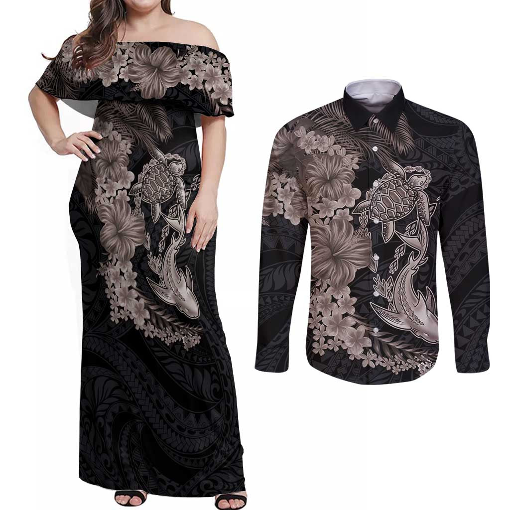 Hawaiian Tropical Plants Turtle and Shark Couples Matching Off Shoulder Maxi Dress and Long Sleeve Button Shirt Polynesian Art Tattoo Grayscale Color LT03 Black - Polynesian Pride