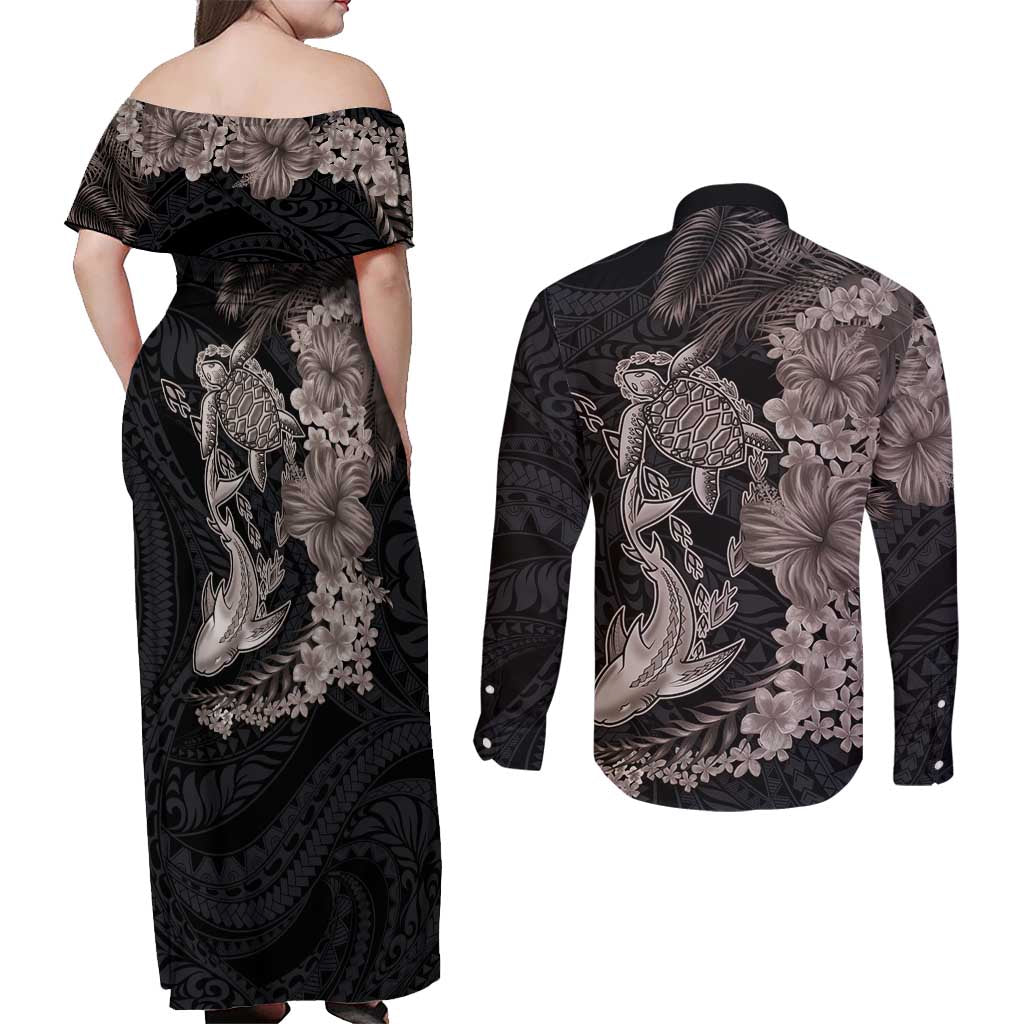 Hawaiian Tropical Plants Turtle and Shark Couples Matching Off Shoulder Maxi Dress and Long Sleeve Button Shirt Polynesian Art Tattoo Grayscale Color LT03 - Polynesian Pride