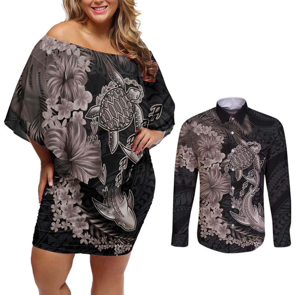 Hawaiian Tropical Plants Turtle and Shark Couples Matching Off Shoulder Short Dress and Long Sleeve Button Shirt Polynesian Art Tattoo Grayscale Color LT03 Black - Polynesian Pride