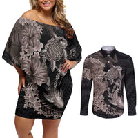 Hawaiian Tropical Plants Turtle and Shark Couples Matching Off Shoulder Short Dress and Long Sleeve Button Shirt Polynesian Art Tattoo Grayscale Color LT03 Black - Polynesian Pride