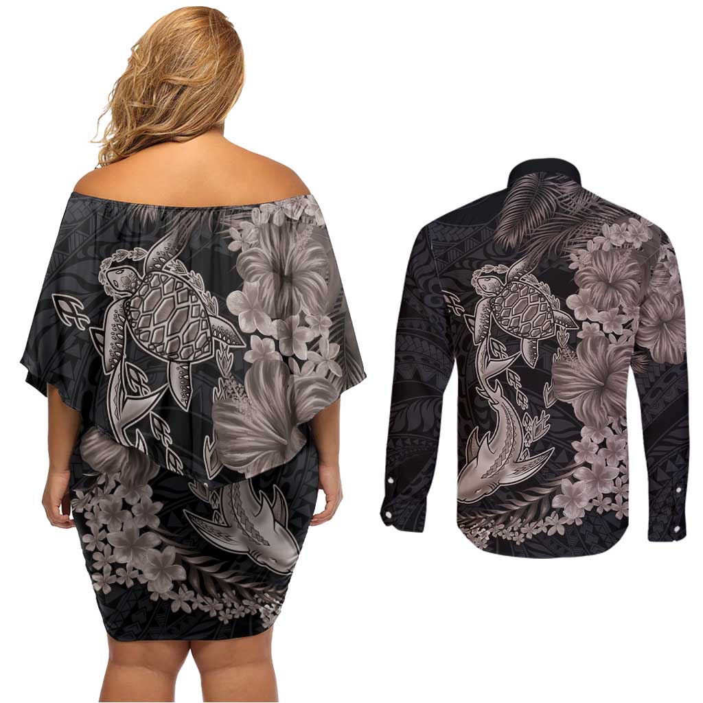 Hawaiian Tropical Plants Turtle and Shark Couples Matching Off Shoulder Short Dress and Long Sleeve Button Shirt Polynesian Art Tattoo Grayscale Color LT03 - Polynesian Pride