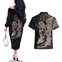 Hawaiian Tropical Plants Turtle and Shark Couples Matching Off The Shoulder Long Sleeve Dress and Hawaiian Shirt Polynesian Art Tattoo Grayscale Color LT03 - Polynesian Pride