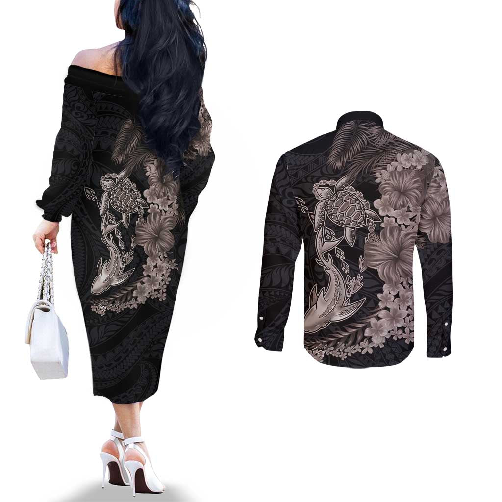 Hawaiian Tropical Plants Turtle and Shark Couples Matching Off The Shoulder Long Sleeve Dress and Long Sleeve Button Shirt Polynesian Art Tattoo Grayscale Color
